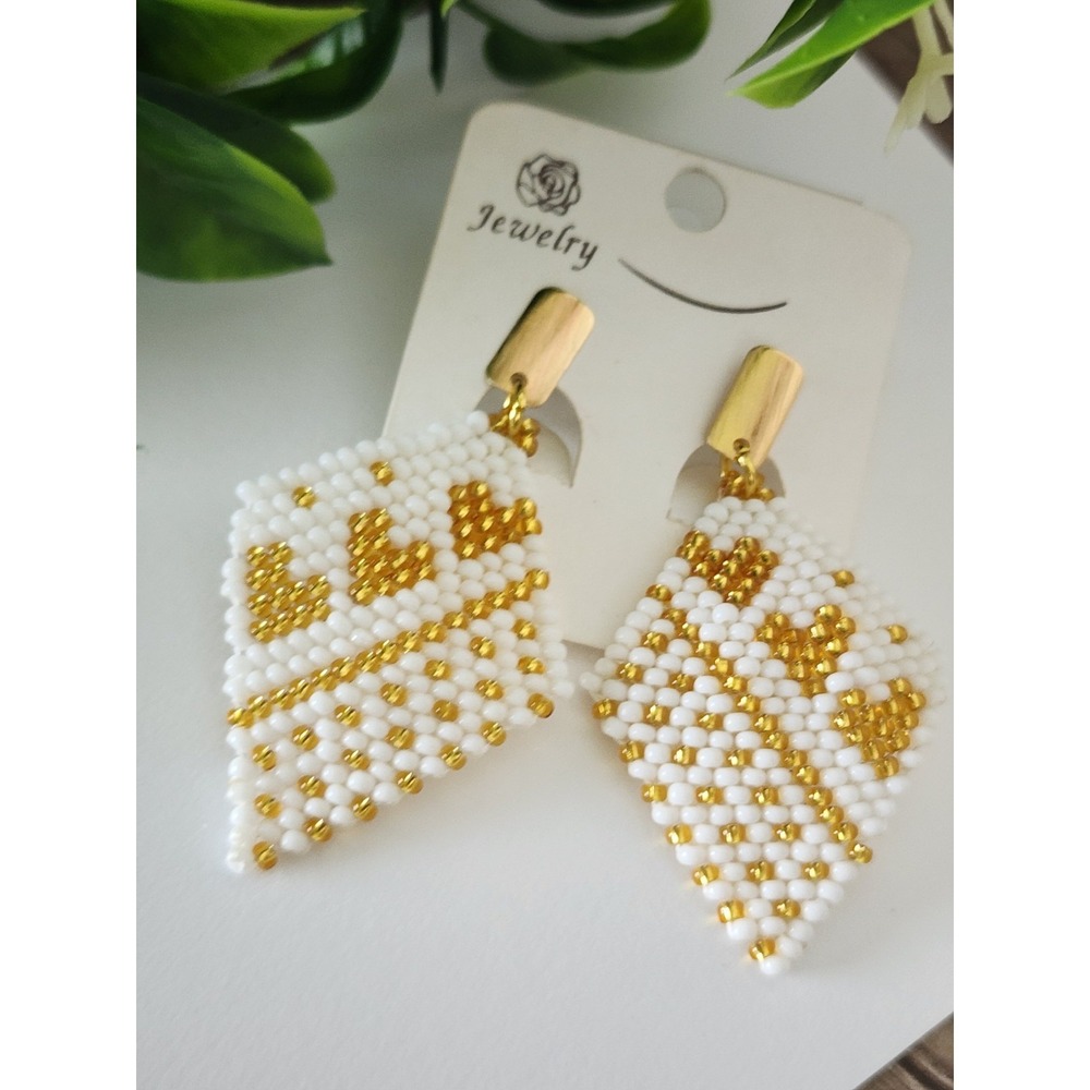 Beaded White/Gold  Color Women's Earrings. Elegant Earrings